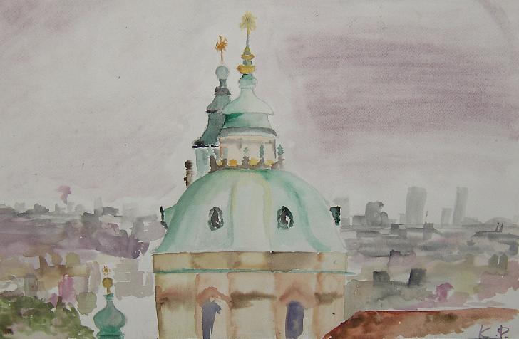 Praha-chrám sv. Mikuláše-akvarel